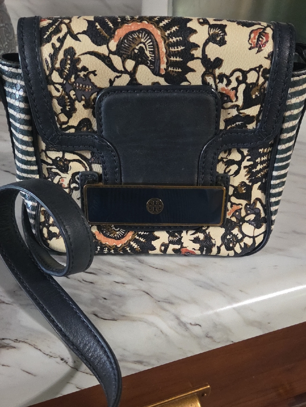 Tory Burch Navy and Cream Floral Crossbody